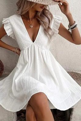FLUTTER SLEEVE EYELET EMBROIDERY RUCHED LACE DRESS