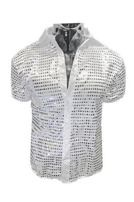 Sequins Short Sleeve Button-Up - White Silver