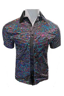 Sequins Short Sleeve Button-Up - Black Holo