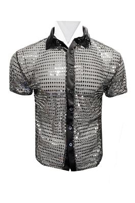 Sequins Short Sleeve Mesh Button-Up - Black Silver