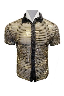 Sequins Short Sleeve Mesh Button-Up - Black Gold