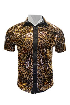 Metallic Leopard Print Short Sleeve Button-Up