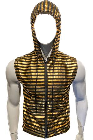 Metallic Zip Up Hooded Vest - Black Gold Stripes