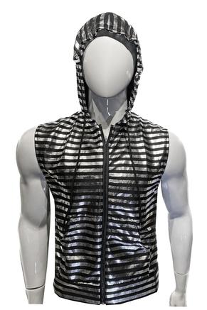 Metallic Zip Up Hooded Vest - Black Silver Stripes