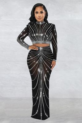 Gauze Pressing Drill See-Through Long Sleeve Long Dress Two-Piece Set