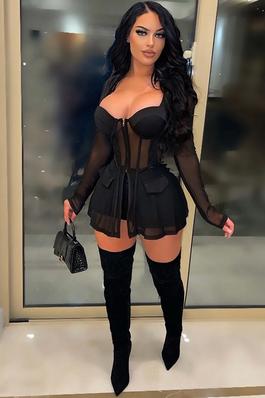 Mesh See-Through Chest Wrap Long Sleeve Shorts Two-Piece Set