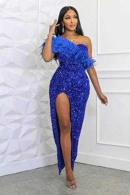 Fashion Evening Gown Party Sequin High Slit Dress Woman