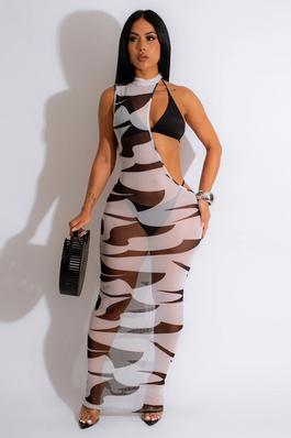 Printed Irregular Gauze Dress Three-Piece Set