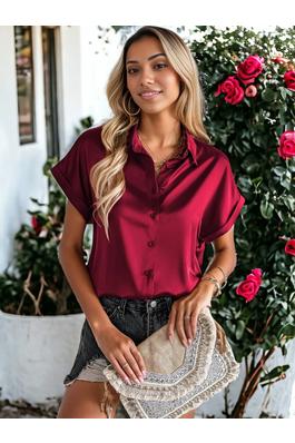 Solid Color Collared Satin Top