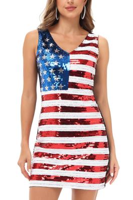 American Flag Sequin USA Patriotic Striped Dress
