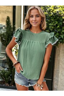 Textured Round Neck Ruffled Sleeves Blouse