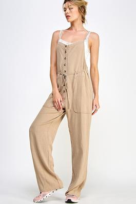 Linen blended button down jumpsuit in tan