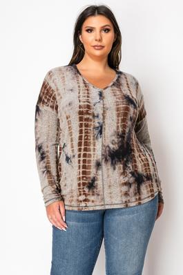 TIE DYE COZY V NECK SEAM FRONT DOLMAN L/SLV CURVE