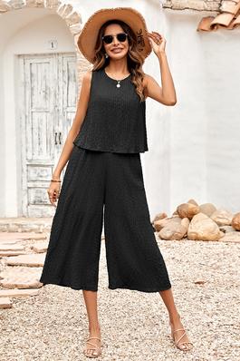Solid Color Sleeveless Crewneck Wide Leg Casual Loose Jumpsuits