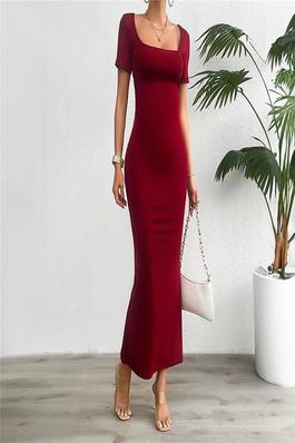 Fashionable Solid Color Slim Fit Short Sleeve Dress