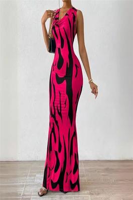 Fashionable Sleeveless Printed V-Neck Bodycon Dress