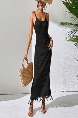 Knitted V-Neck Tassel Hollow Out Strap Dress