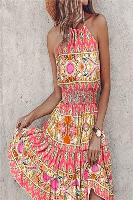 Fashionable Off-Shoulder Halter Neck Printed Dress