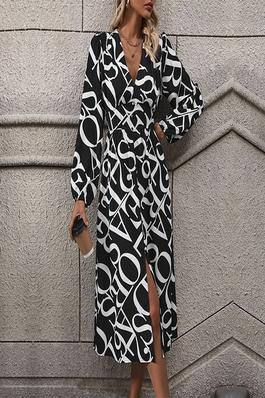 Geometric Print Long Sleeve Fashion Dress