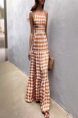 Casual Plaid Strappy Tie-Waist Maxi Dress
