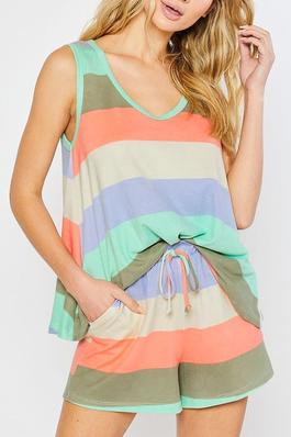 Striped Short Sleeved Shorts Two-Piece Set
