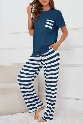 Crewneck T shirt Striped Pants Set 2pcs Pajamas Set
