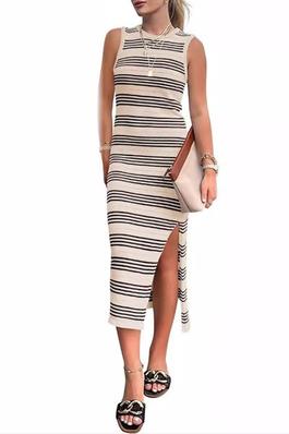 Sleeveless Striped Knitted Slit Dress