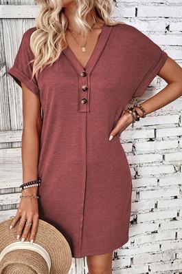 V-Neck Solid Color Button Casual T Shirt Dress