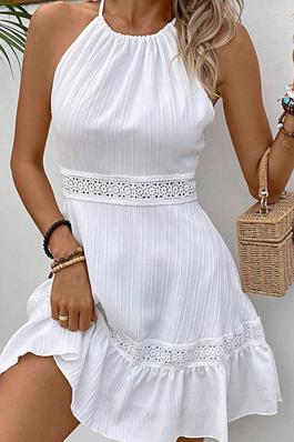 Solid Color Hollow Lace Halter Dress