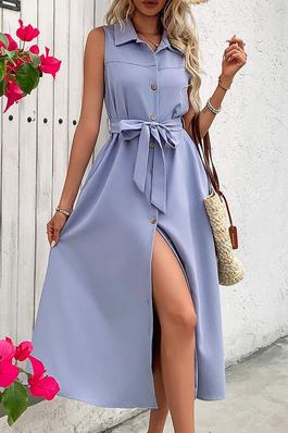 Solid Color Sleeveless Slit Shirt Dress