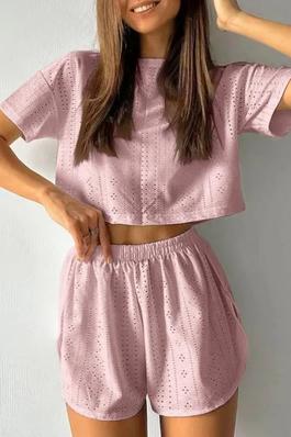 Eyelet Plain Two Pieces Top and Shorts Set ZK1581