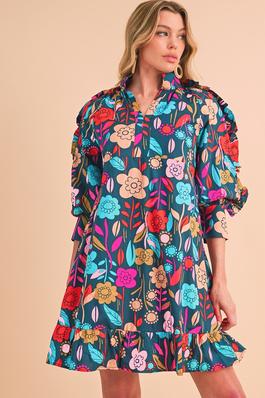 Floral Print Puff Sleeve Ruffled Mini Dress