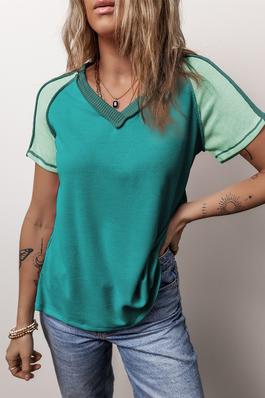 Exposed Seam Color Block Knitted V Neck T-shirt