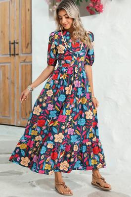 Retro Floral Printed Split Neck Maxi Dress
