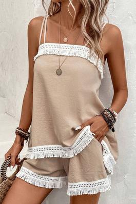 Fringe Double Strap Tank Top and Shorts Set