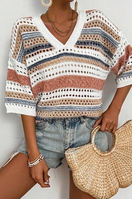Striped V Neck Hollow Knitted Half Sleeve Sweater