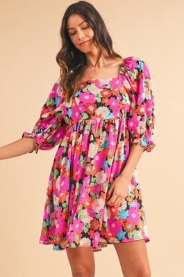 Floral Print Square Neck Short Puff Sleeve Dress