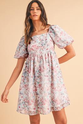 Floral Puff Sleeve Square Neck Smock Ruffled Dress