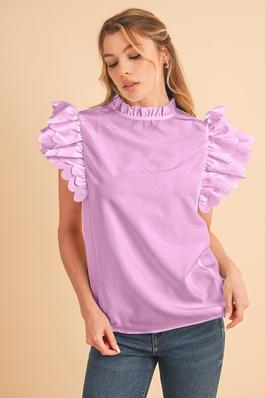Solid Color Scalloped Ruffle Sleeve Top