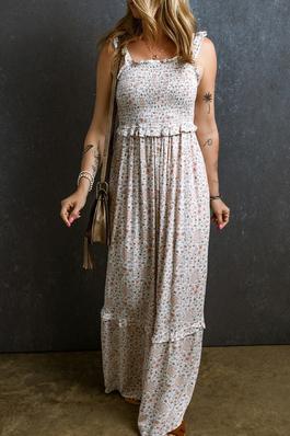 Lace Frilly Straps Shirred Floral Maxi Dress