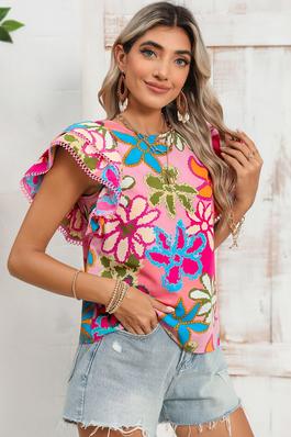 Vibrant Floral Print Trimmed Ruffle Sleeve Blouse