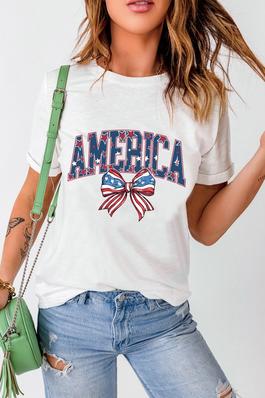AMERICA Flag Bow Knot Graphic Round Neck Tee