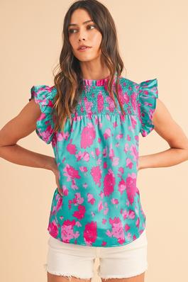 Floral Ruffled Flutter Sleeve Ruched Blouse