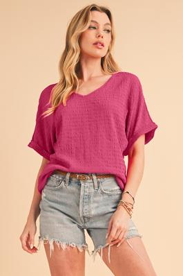 Textured Rolled Sleeve V Neck Tee