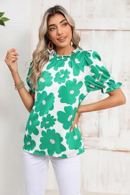 Floral Puff Sleeve Frill Neckline Blouse