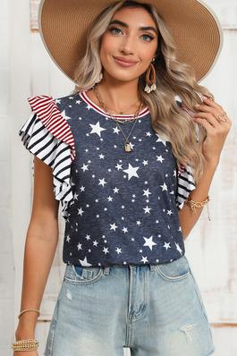 Striped Ruffled Sleeve Star Print T Shirt
