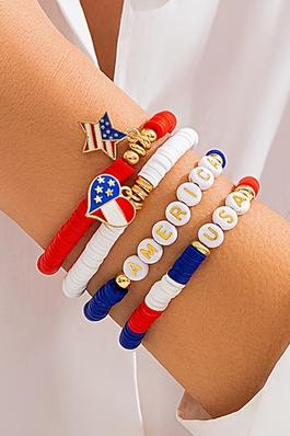 American Flag Pendant Letter Beaded Bracelet Set