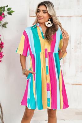 Stripe Colorblock Short Sleeve Mini Shirt Dress