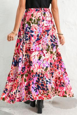 Abstract Floral Ruffled High Waist Maxi Skirt
