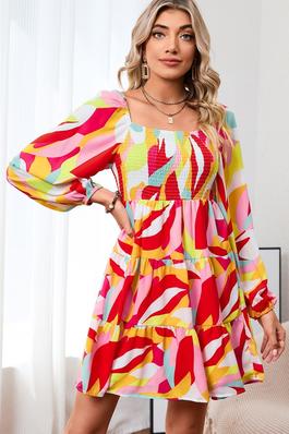 Abstract Smocked Puff Sleeve Tiered Mini Dress